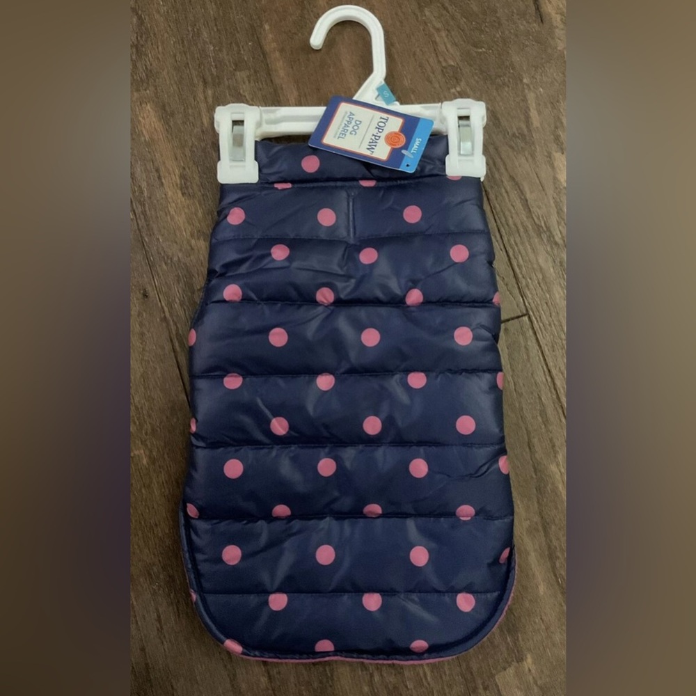NWT Top Paw Navy & Pink Polka Dot XS Dog Puffer Jacket Apparel